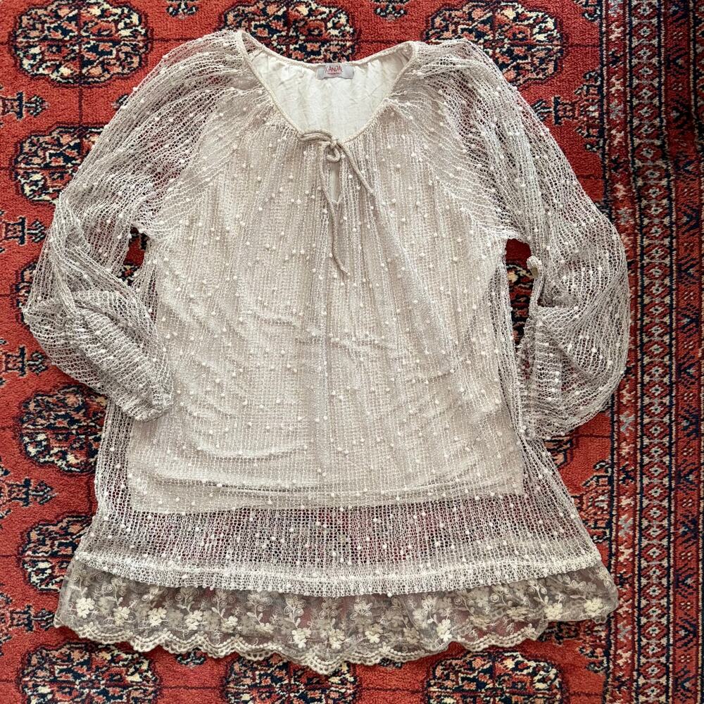 SCANDAL Net Covered Lace Edged‎ Roll Up Sleeve Cami Lined Top Made in Italy
